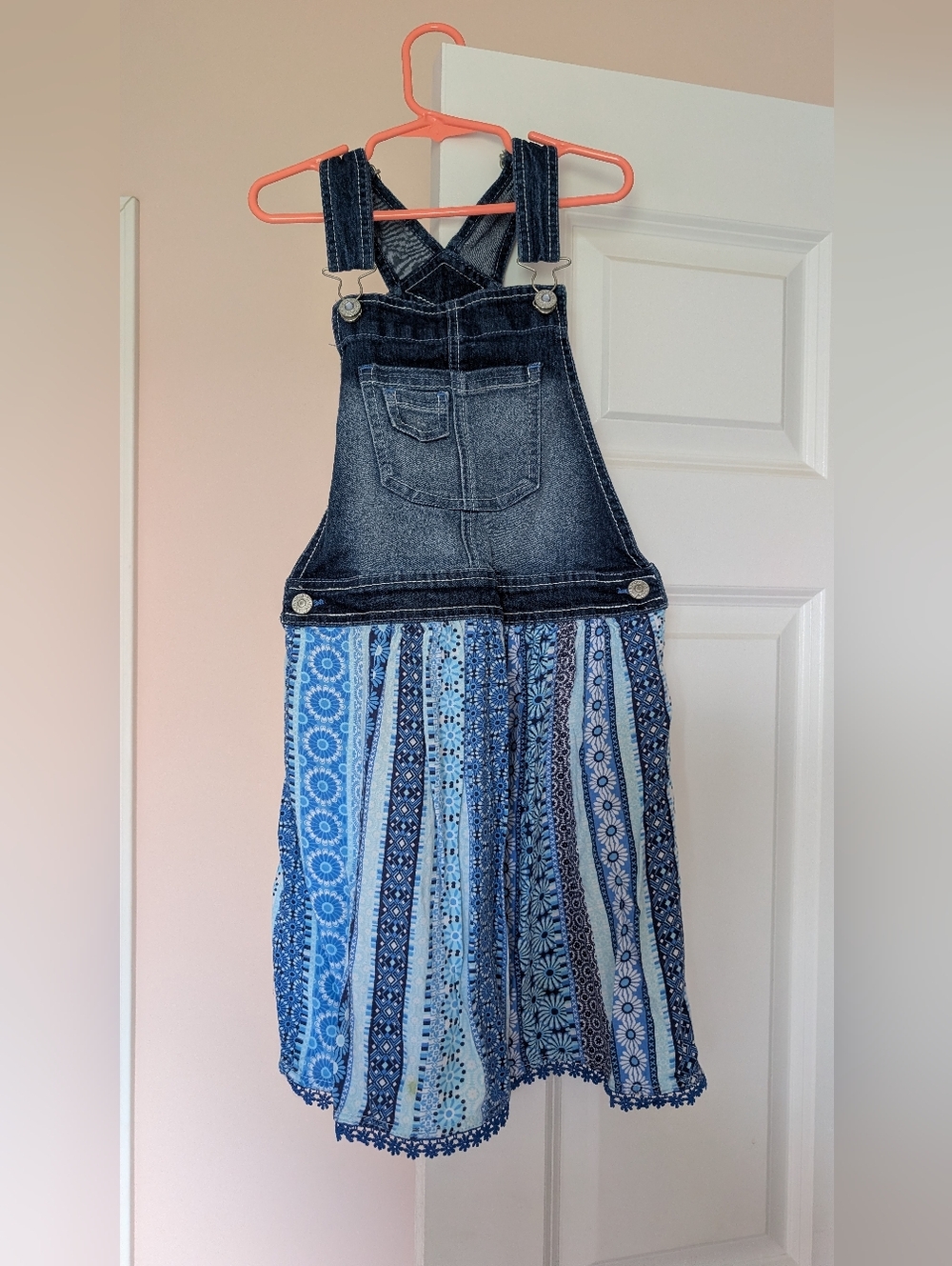 Jordache Blue Denim Bib Dress with Patterned Blue Skirt